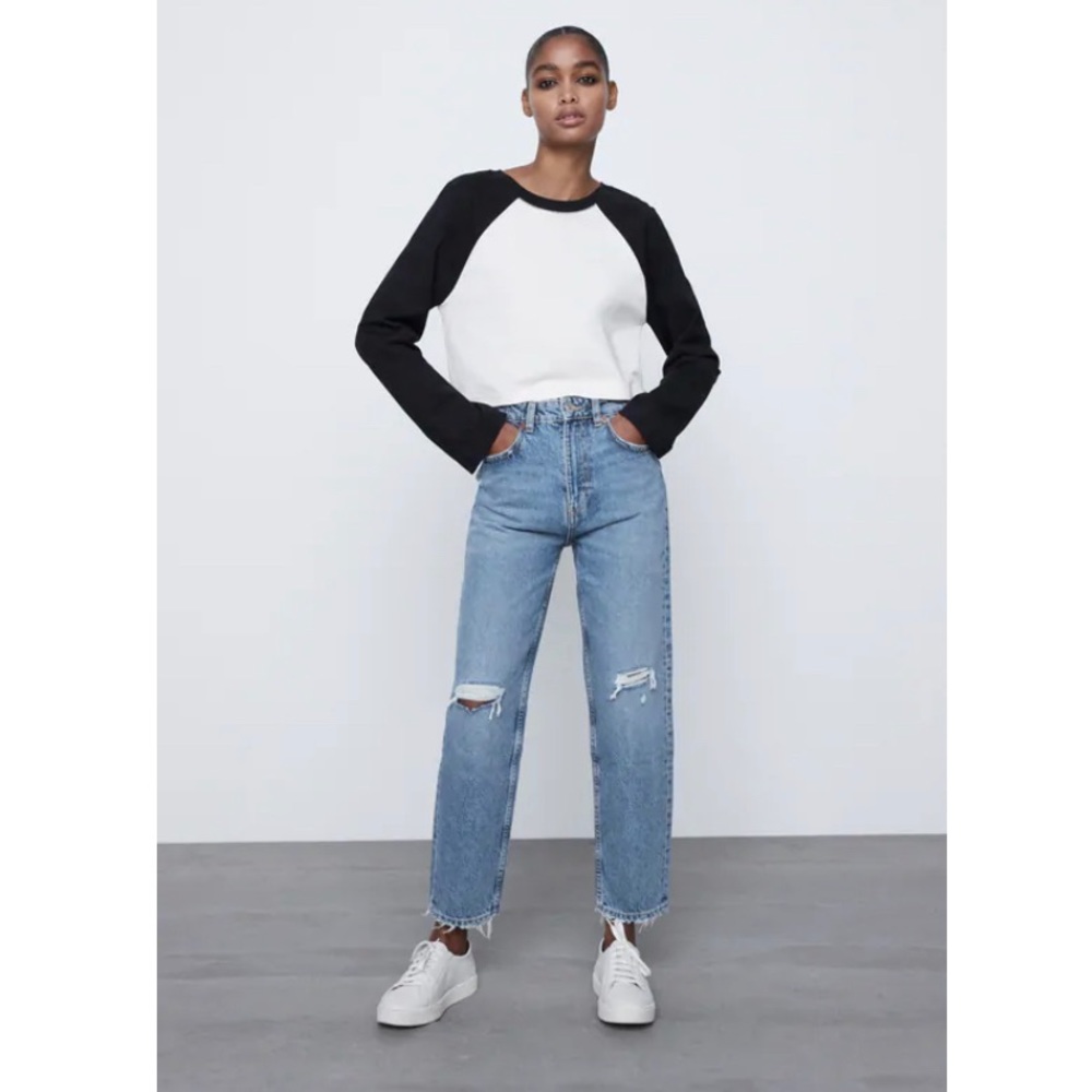 ZARA high rise distressed mom jean